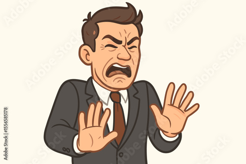 Cartoon businessman in suit showing strong aversion, disapproval, and rejection with open hands gesture. Negative emotion, refusal, avoidance, stop sign. Vector illustration for business concepts.