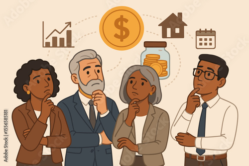 Diverse business professionals considering retirement savings, investment planning, financial strategy, money management, economic growth, wealth, real estate, calendar, vector illustration