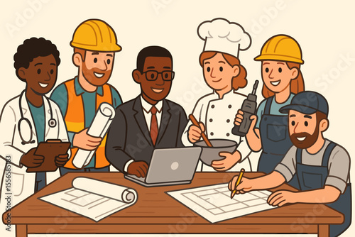 Diverse professions teamwork concept. Cartoon vector group of doctor, engineer, businessperson, chef, construction worker, mechanic collaborating at table. Occupations cooperation illustration.