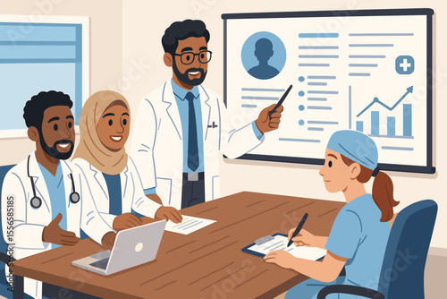 Multicultural Medical Team Collaboration Meeting in Hospital Conference Room, Doctors and Nurse Discussing Patient Care Plan, Healthcare Professionals Strategy, Vector Cartoon Illustration