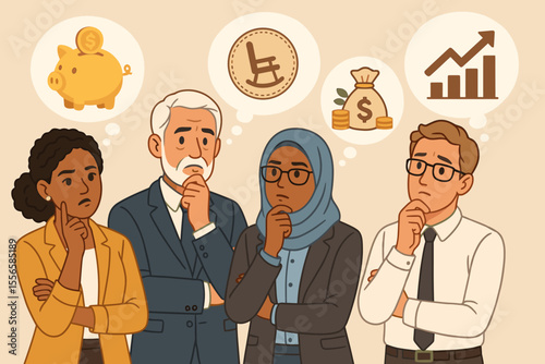 Diverse business professionals contemplating retirement savings, pension planning, financial investment, and economic growth. Multicultural team thinking about future money management strategy