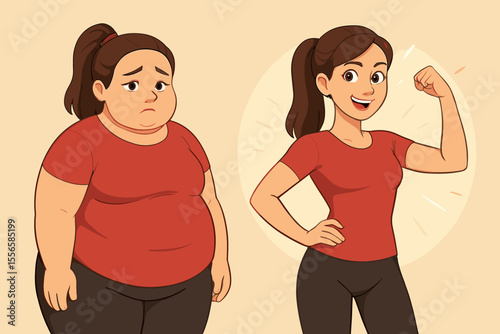 Female weight loss transformation before and after. Fitness journey progress. Body change, healthy lifestyle, diet success. Woman slim fit result. Motivation, exercise, strength. Vector illustration