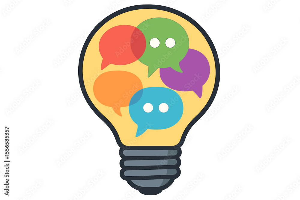 Creative light bulb with colorful speech bubbles, communication and brainstorming concept, vector illustration for dialogue, ideas, teamwork, innovation, discussion, collaboration, creativity Creative light bulb with colorful speech bubbles, communication and brainstorming concept, vector illustration for dialogue, ideas, teamwork, innovation, discussion, collaboration, creativity