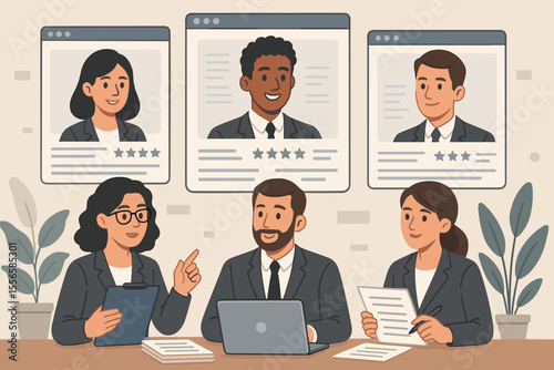Human Resources Team Evaluating Digital Candidate Profiles for Corporate Recruitment, Interview Panel Discussing Resumes, Job Application Process, Office Meeting, Professional HR Vector Illustration