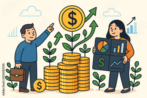Investment growth strategy concept. Cartoon vector illustration of financial planning, portfolio diversification, wealth management, profit increase, business success, money coins, data analysis.