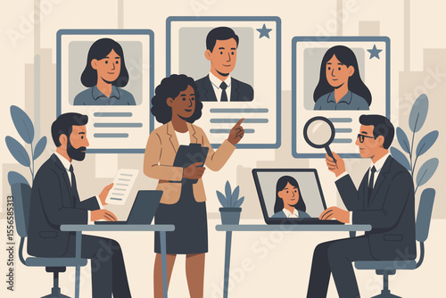 Human resources team analyzing digital resumes, evaluating job candidates, conducting recruitment interviews, reviewing CV profiles, hiring process, corporate office, teamwork, vector illustration