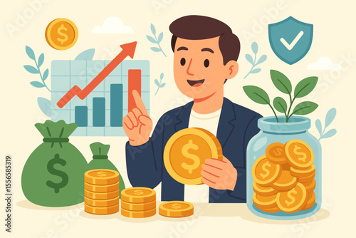 Financial investment strategy concept. Cartoon businessman with coins, money bags, savings jar, growth chart, upward arrow, secure wealth, financial planning, profit, economic success, safe investment