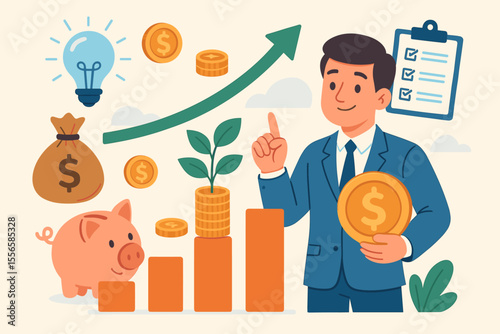 Financial growth strategy concept. Businessman with coin, piggy bank, money bag, investment plant, bar chart, upward arrow, checklist, lightbulb idea. Wealth management vector illustration