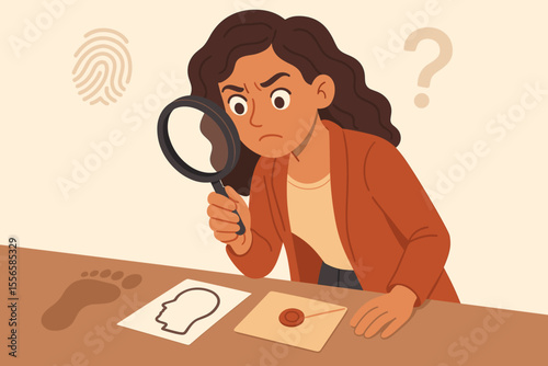 Curious woman detective analyzing clues with magnifying glass. Investigation concept. Crime scene evidence, fingerprint, footprint, profile sketch, sealed envelope. Mystery solving vector illustration