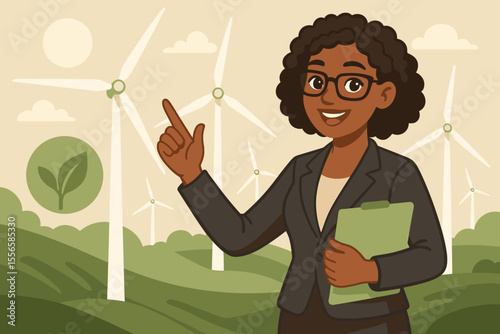 Confident African American Businesswoman Presenting Renewable Wind Energy Solutions, Sustainable Power Generation, Eco-Friendly Technology, Environmental Conservation, Green Energy Industry Concept