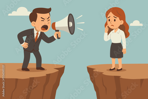 Business communication breakdown concept. Man shouting through megaphone across gap to distant woman. Misunderstanding, conflict, workplace barrier, ineffective teamwork. Vector cartoon illustration.
