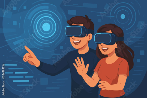 Couple Experiencing Immersive Virtual Reality Interaction, Touching Futuristic Digital Interface with VR Headsets, Technology Innovation, Augmented Reality, Vector Cartoon Illustration