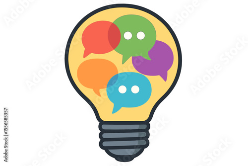 Creative light bulb with colorful speech bubbles, communication and brainstorming concept, vector illustration for dialogue, ideas, teamwork, innovation, discussion, collaboration, creativity