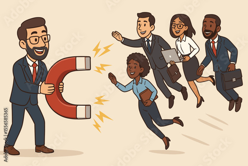 Business leader attracting diverse professionals with magnet. Employee recruitment, talent acquisition, human resources, teamwork, leadership, staff hiring concept. Vector cartoon illustration