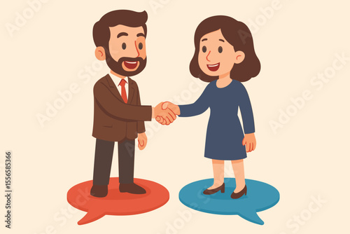 Business Negotiation Agreement, Man and Woman Shaking Hands, Standing on Speech Bubbles, Partnership Collaboration, Communication Success, Vector Cartoon Illustration, Professional Deal Concept
