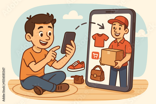 Online Shopping Vector Illustration. Man Using Mobile App for E-Commerce, Ordering Clothes, Shoes, Bags with Fast Delivery Service. Digital Retail, Internet Purchase, Home Delivery Concept Art