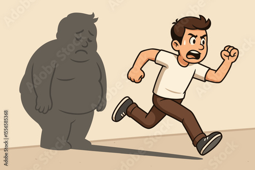 Weight loss journey concept. Man running away from overweight sad shadow. Healthy lifestyle, fitness motivation, transformation, self improvement. Vector cartoon illustration, body positivity metaphor
