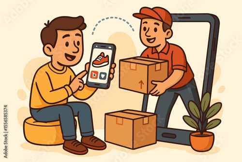 Online shopping delivery concept. Cartoon man ordering shoes with mobile app. Courier delivering package from smartphone screen. E-commerce, parcel shipping, digital retail vector illustration.
