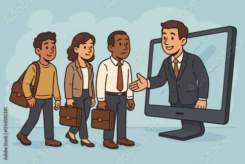 Job seekers lining up for online employment opportunity, digital recruitment, virtual interview, business people meeting employer through computer screen, modern hiring process, vector illustration
