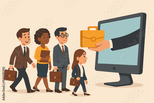 Diverse business professionals lining up for online job opportunity, digital recruitment, remote hiring process, employment search, computer screen, career advancement, vector illustration