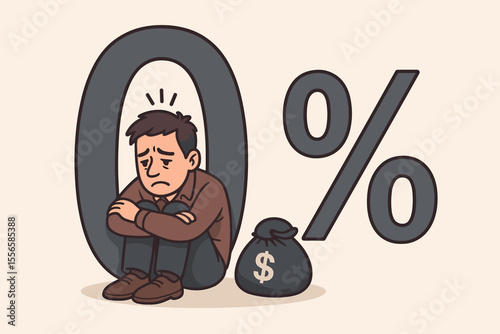 Depressed man sitting inside giant zero percent sign with money bag, symbolizing financial struggles, debt, loan dependency, interest-free loans, economic hardship, cartoon vector illustration