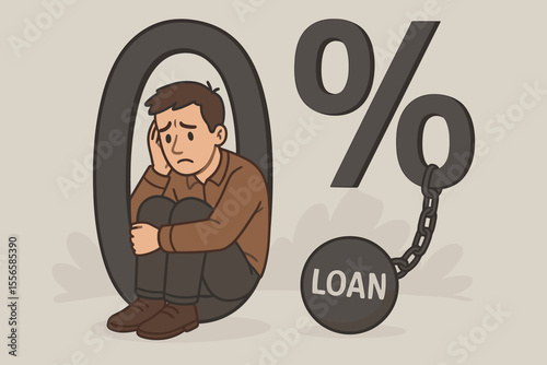 Financial stress concept, man sitting inside zero percent sign, chained to loan debt ball, metaphor for loan dependency, interest rate burden, economic hardship, cartoon vector illustration