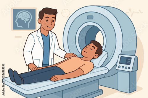 MRI Scan Procedure with Doctor and Patient. Medical Diagnosis, Brain Imaging, Hospital Healthcare Technology. Vector Illustration of Magnetic Resonance Imaging, Clinical Examination, Radiology Concept