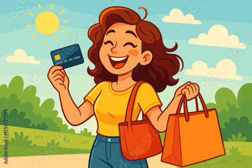 Happy young woman shopping outdoors with credit card and bags, summer day, cheerful cartoon female character, retail therapy, spending money, lifestyle concept, colorful vector illustration
