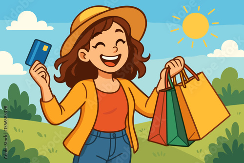 Happy young woman shopping outdoors with credit card and colorful bags, smiling girl in hat enjoying retail therapy, summer day, cartoon vector illustration, consumer lifestyle concept