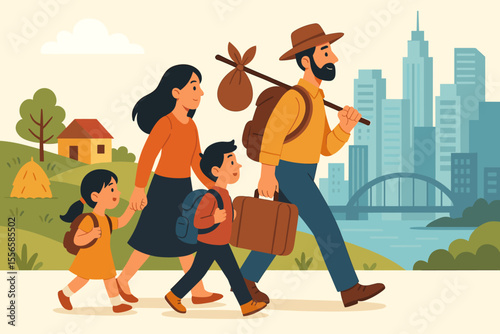 Rural family migration journey to urban city for better opportunities. Cartoon vector illustration of parents and children leaving countryside, carrying luggage, moving to modern city skyline.