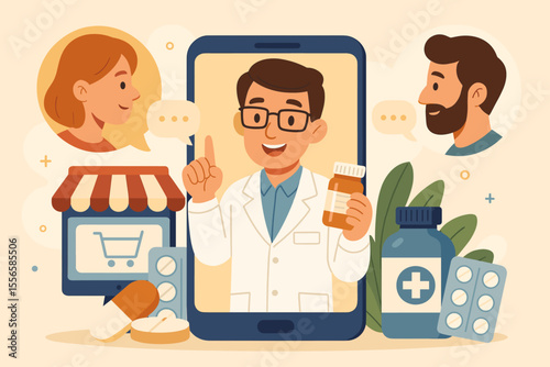 Online pharmacy consultation with pharmacist on mobile app. Telemedicine, digital healthcare, virtual doctor, e-prescription, medicine delivery, patient communication, pharmacy service vector