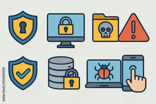 Cybersecurity Data Protection Icons Set. Shield, Lock, Malware, Virus Warning, Secure Database, Authentication, Computer Security, Mobile Safety, Privacy, Threat Alert. Vector Cartoon Illustration