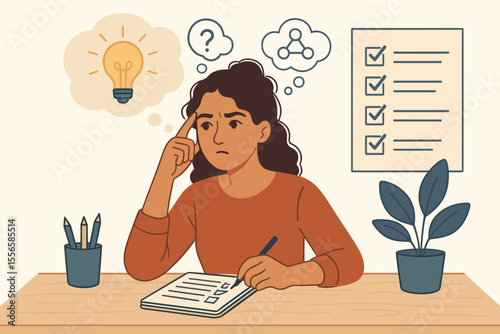 Thoughtful Woman Brainstorming Creative Solutions, Organizing Tasks, Productivity Checklist, To-Do List, Planning Ideas, Problem Solving, Office Desk, Vector Illustration, Productivity Concept