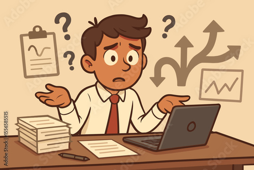 Confused Office Worker Facing Unclear Project Goals, Ambiguous Instructions, Decision-Making Dilemma, Business Uncertainty, Stress at Work, Cartoon Vector Illustration, No Text