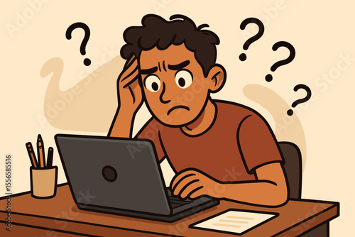Confused young man struggling with difficult online problem at laptop desk, cartoon vector illustration. Student frustration, digital learning challenge, question marks, education stress concept