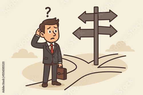 Confused businessman at crossroads making tough career decisions. Cartoon vector illustration of uncertain executive choosing path, business dilemma, direction, opportunity, challenge, decision-making