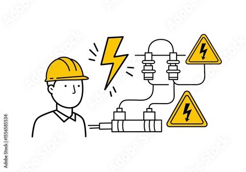 Electrical Hazard and Safety: Line Art Illustration of an Electrician with High Voltage Warning Signs and Fuses on a White Background, Highlighting Workplace Safety.