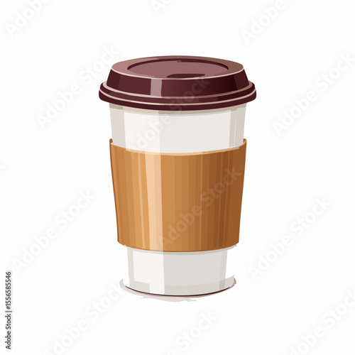 A takeout coffee cup with sleeve and lid
