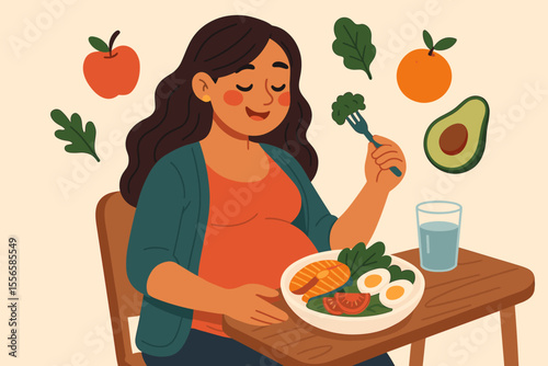 Pregnant woman eating healthy balanced meal rich in vegetables, fruits, eggs, salmon, avocado, following nutrition guidelines for pregnancy, maternal wellness, prenatal care, vector illustration