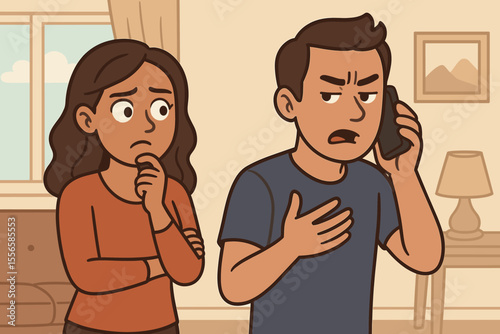 Concerned Woman Overhearing Partner’s Suspicious Phone Call. Relationship Troubles, Communication Issues, Emotional Conflict, Suspicion, Couple Disagreement, Home Interior. Vector Cartoon Illustration