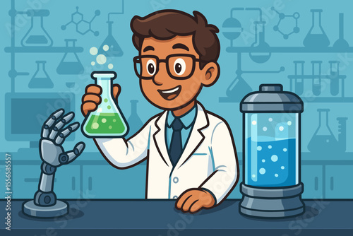 Cartoon Scientist in Laboratory with Beaker, Robotic Hand, Experiment Capsule, Chemistry Equipment, Futuristic Science Research, STEM Education, Innovation Technology Concept Illustration