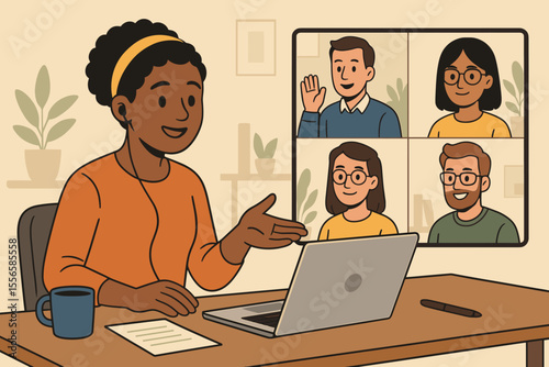 Diverse remote team collaboration, virtual meeting, online video conference, business communication, distance teamwork, digital workspace, cartoon vector illustration, home office workspace
