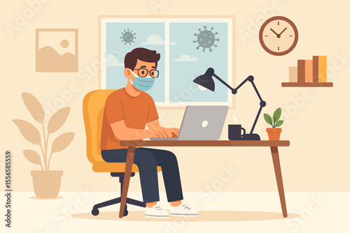 Remote work home office productivity concept. Man working on laptop at desk with coffee, lamp, plant. Quarantine pandemic adaptation. Modern workspace interior. Vector illustration