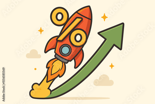 Cartoon rocket with percentage symbol launching upward on green arrow, concept of financial growth, business success, rising profits, investment increase, economic boost, vector illustration