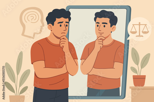 Thoughtful Self-Reflection and Personal Assessment in Mirror, Decision Making and Self-Evaluation Concept, Mental Health Awareness, Introspection, Vector Cartoon Illustration, No Text