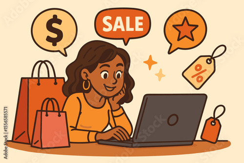 Savvy Female Shopper Browsing Online for Best Deals, Affordable Discounts, Bargain Hunting, Sale Shopping, Money Saving, E-commerce, Digital Shopping Concept Vector Illustration