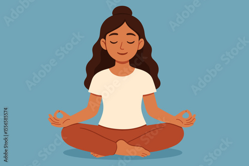Calm woman practicing yoga meditation in lotus pose, mindfulness and relaxation concept, peaceful wellness lifestyle, cross-legged seated position, vector illustration on blue background
