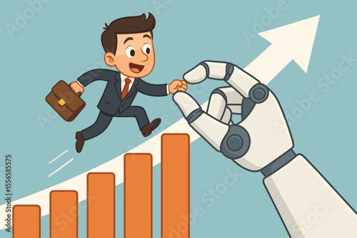 Artificial intelligence robot hand helping businessman climb bar graph to success. Business growth, technology partnership, automation support, teamwork, future innovation, upward progress concept