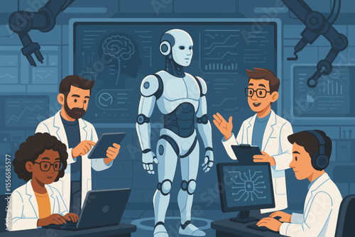 Team of Robotics Engineers Developing Humanoid Robot with Artificial Intelligence in Futuristic Laboratory, High-Tech Research, Computer Scientists, Innovation, Technology, Vector Illustration