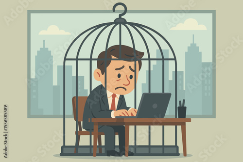 Depressed businessman trapped in birdcage at office desk, cityscape background. Workplace stress, burnout, corporate confinement, mental health, isolation, vector cartoon illustration concept